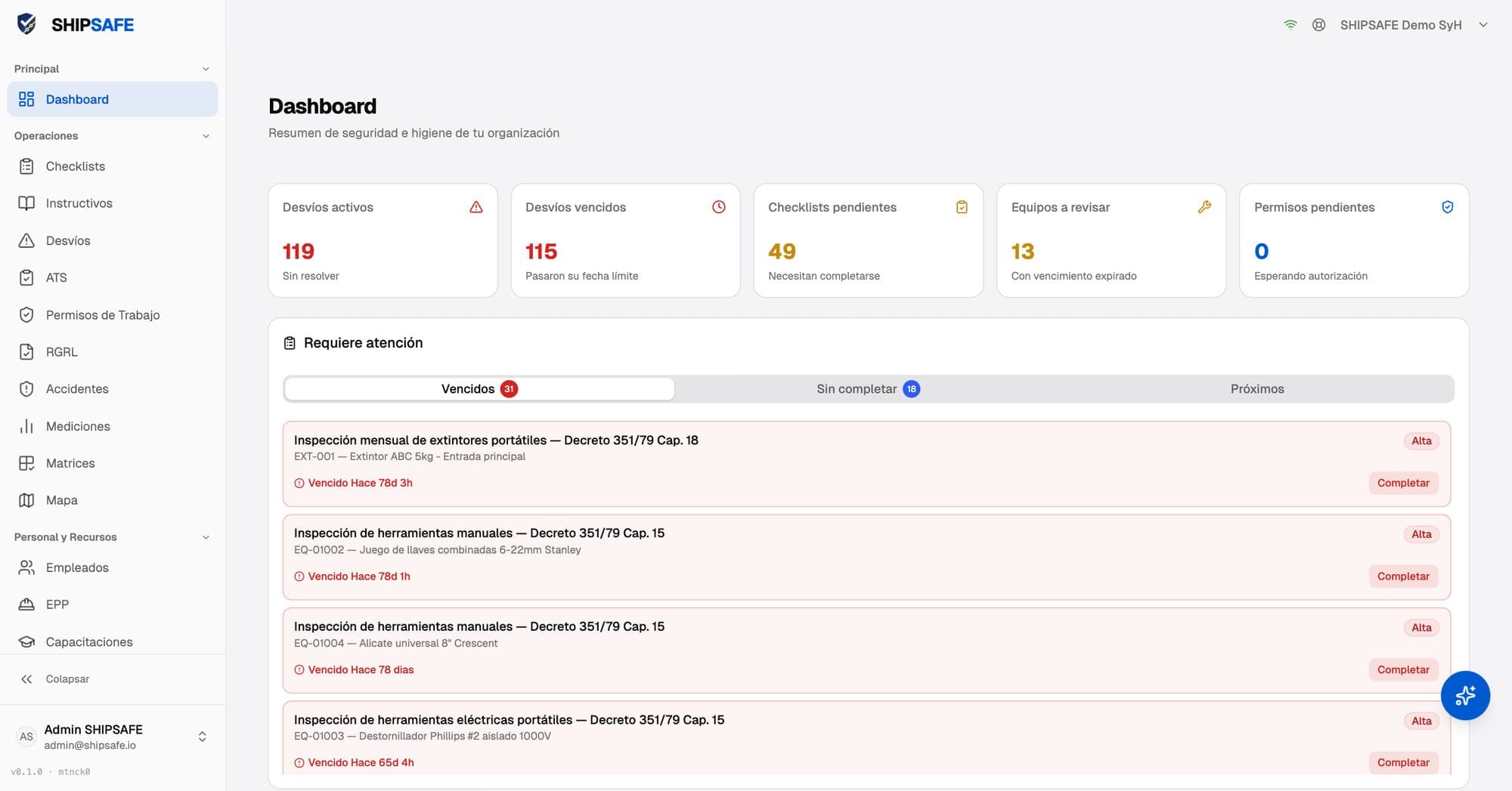Tablero de SHIPSAFE con desvíos, checklists pendientes y equipos a revisar